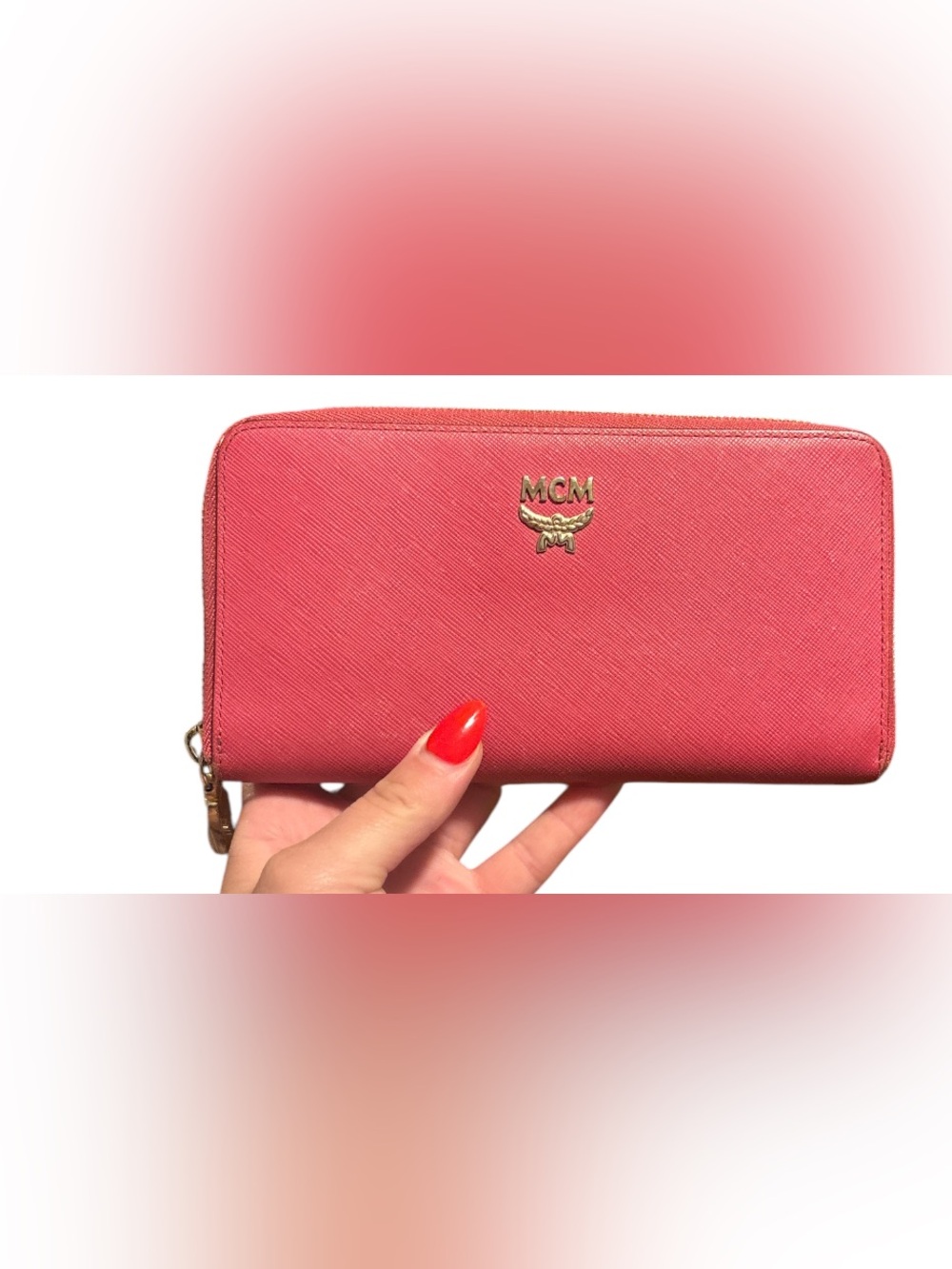 MCM Coral Pink Saffiano Zip Wallet with Gold Logo